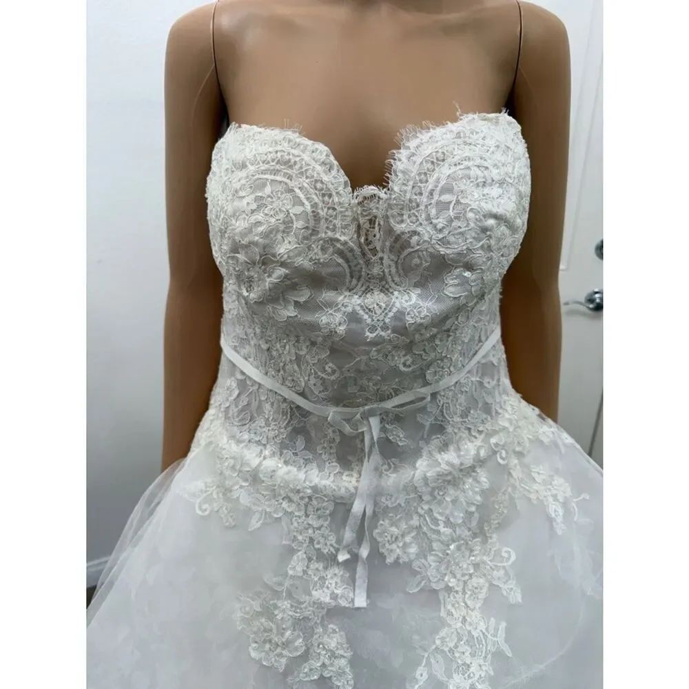 Oleg Cassini Size 16 W Ivystone White Strapless Lace Wedding Dress Layered Train - Picture 3 of 16